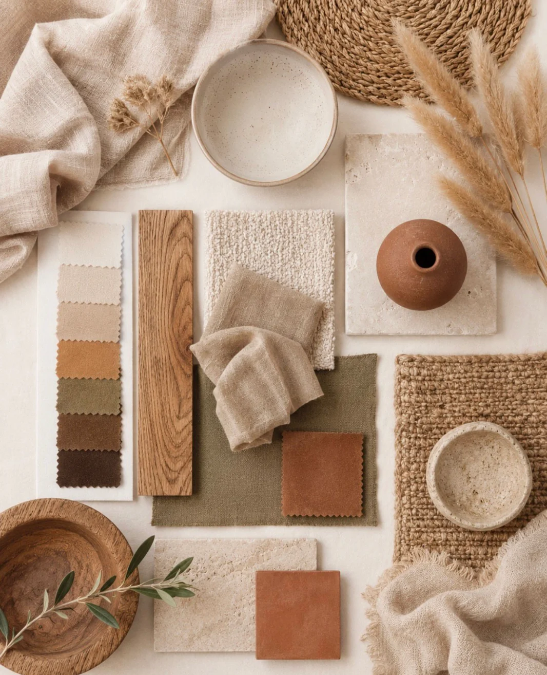 Materials laid out together: linen, jute, olive and terracotta textiles, oak, travertine and hand-thrown clay