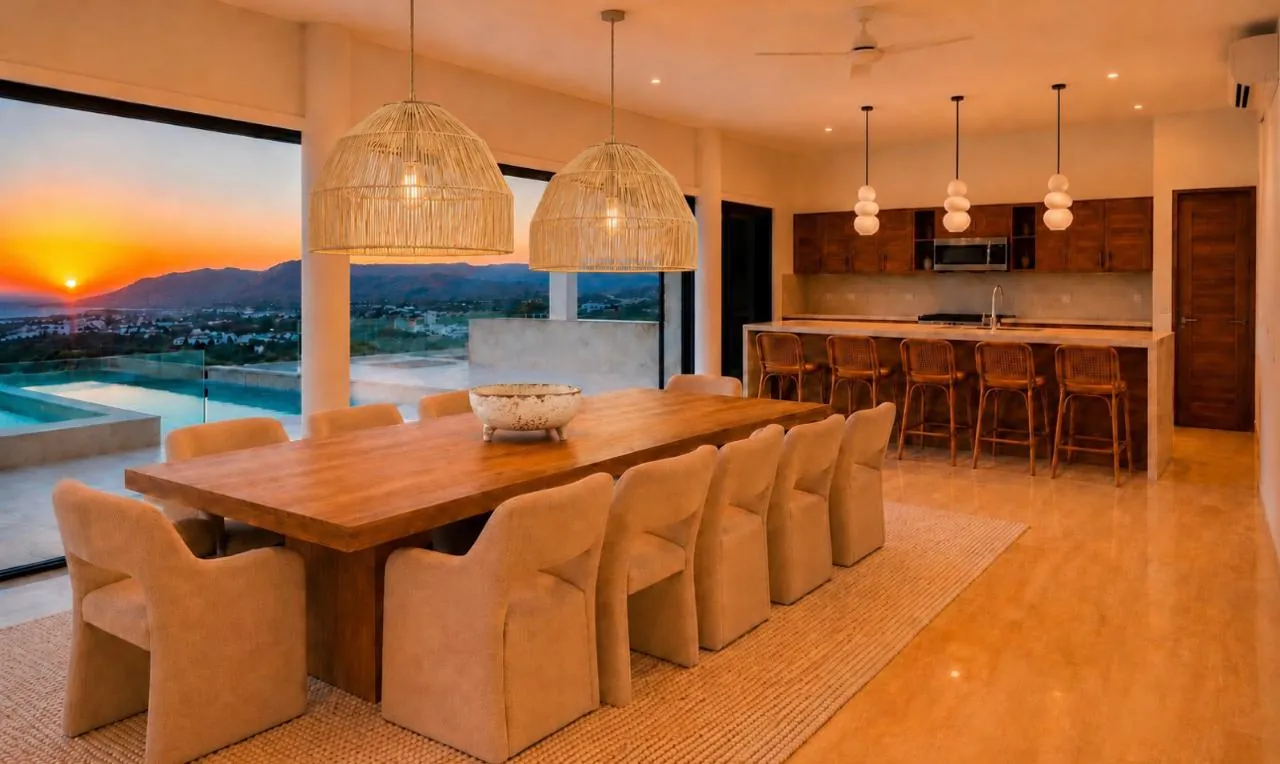 Casa Mirador — a long table under hand-woven pendant lamps